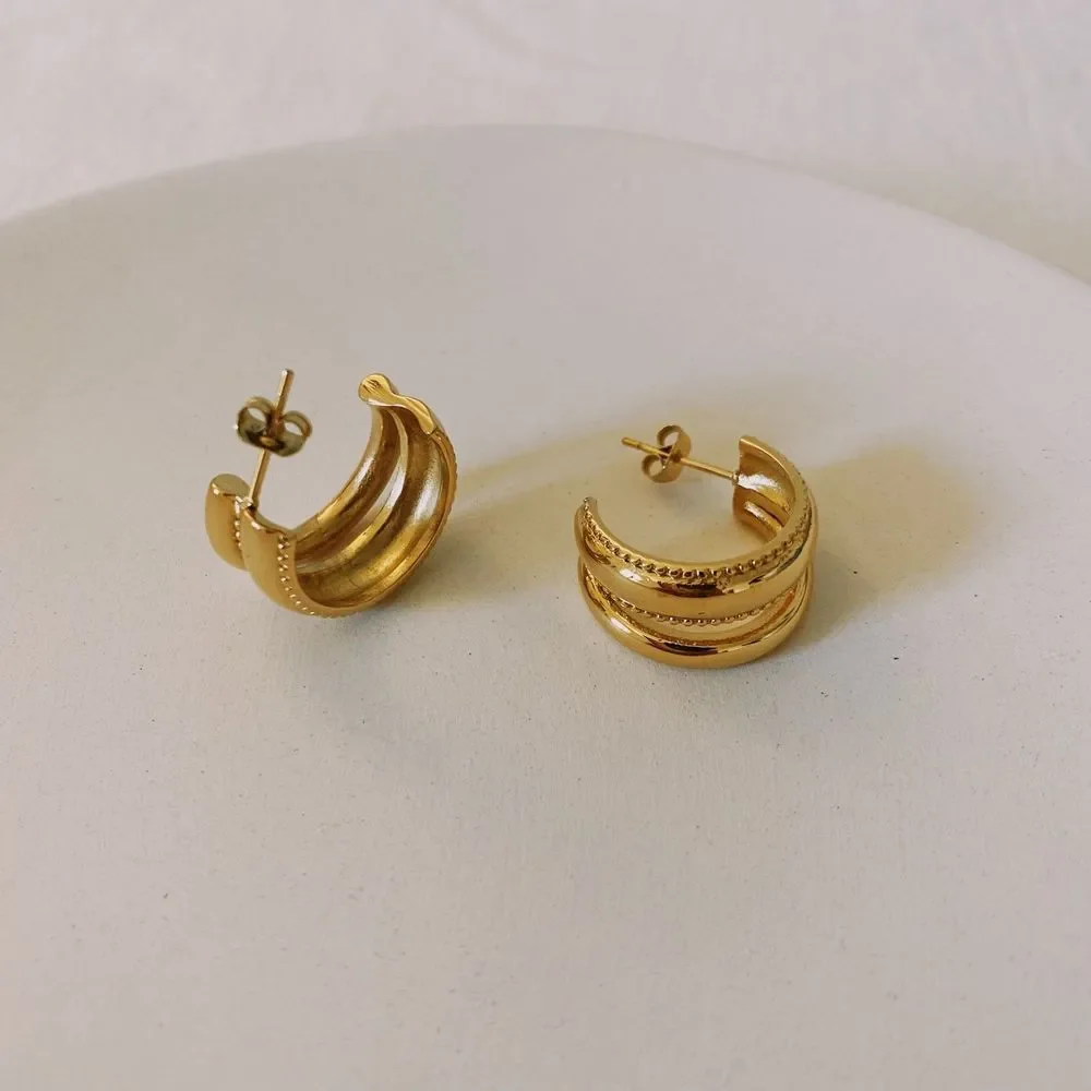 18K Gold Plated Double Hoop Beaded Milgrain Earrings
